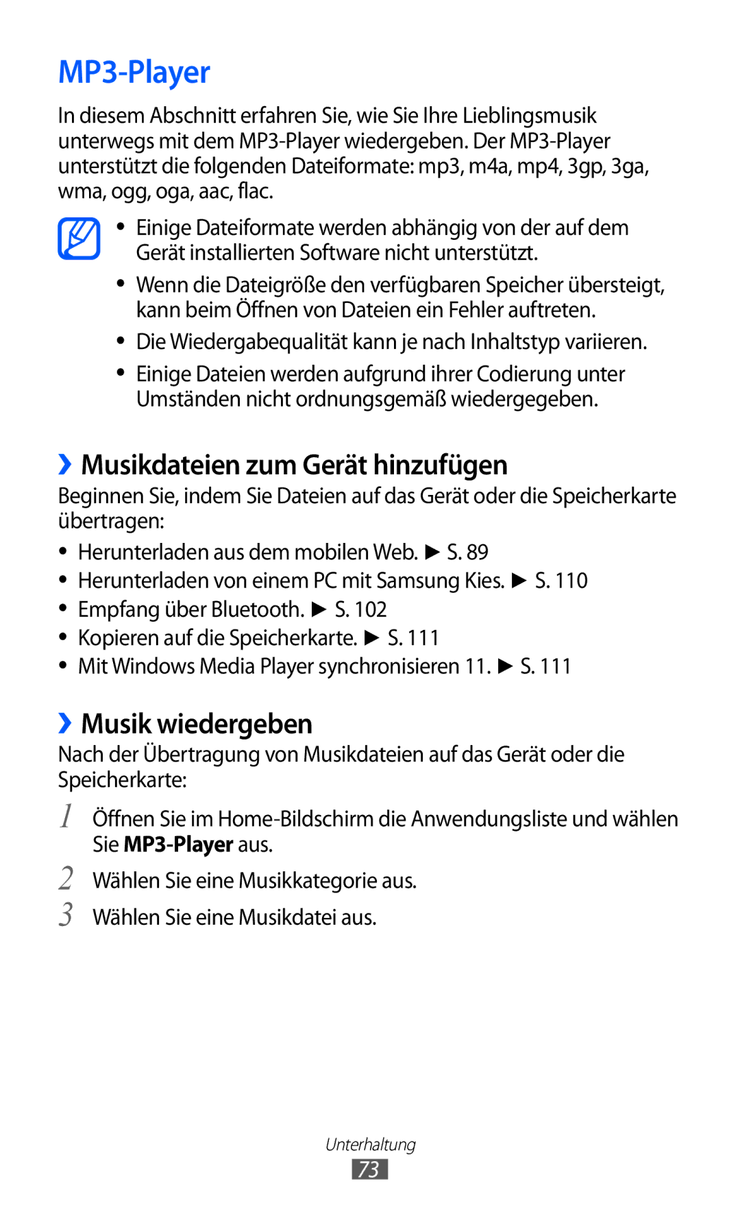 Samsung GT-I9070RWNDTM, GT-I9070HKNATO, GT-I9070HKNDBT MP3-Player, ››Musikdateien zum Gerät hinzufügen, ››Musik wiedergeben 