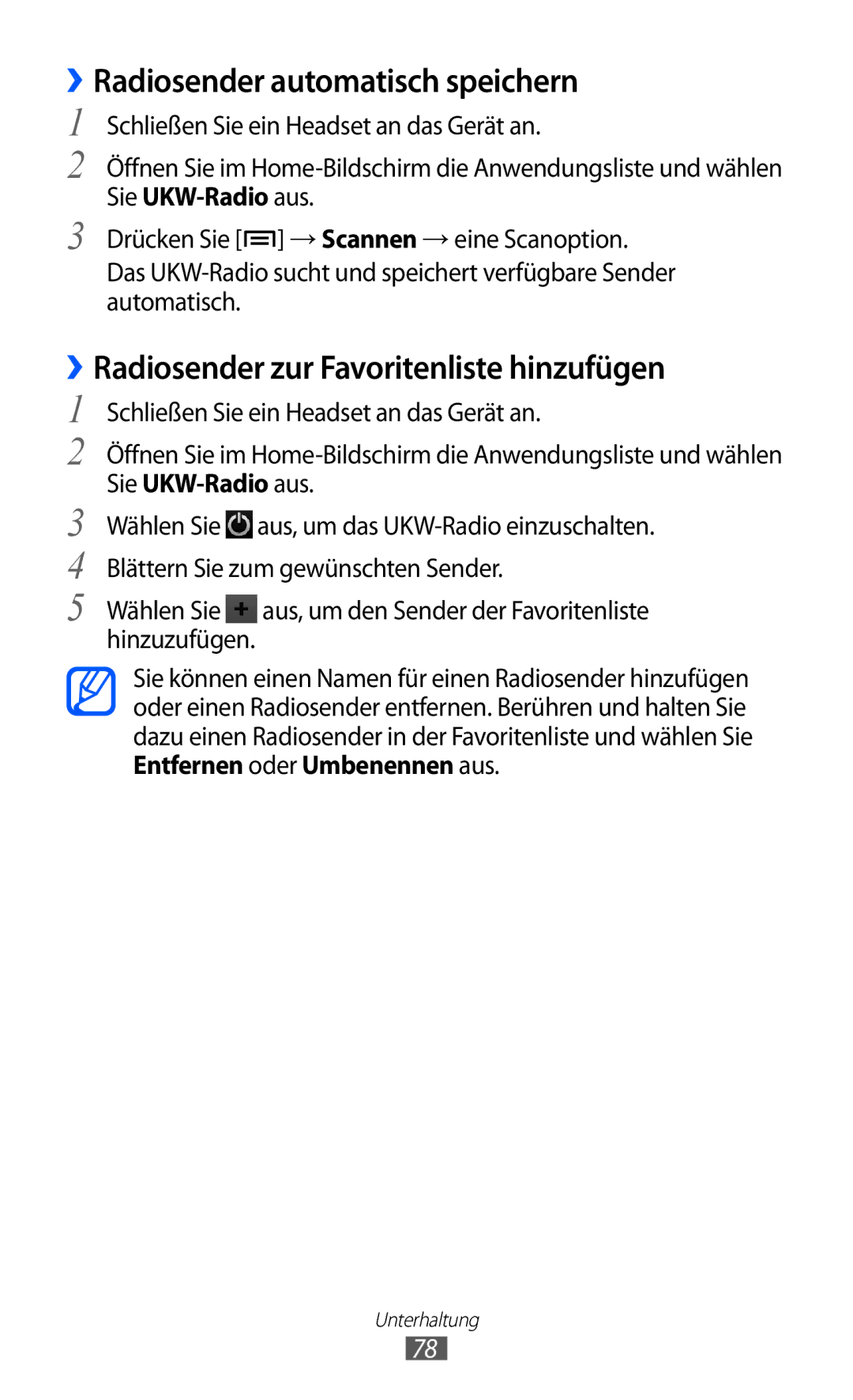 Samsung GT-I9070RWNDTM, GT-I9070HKNATO ››Radiosender automatisch speichern, ››Radiosender zur Favoritenliste hinzufügen 