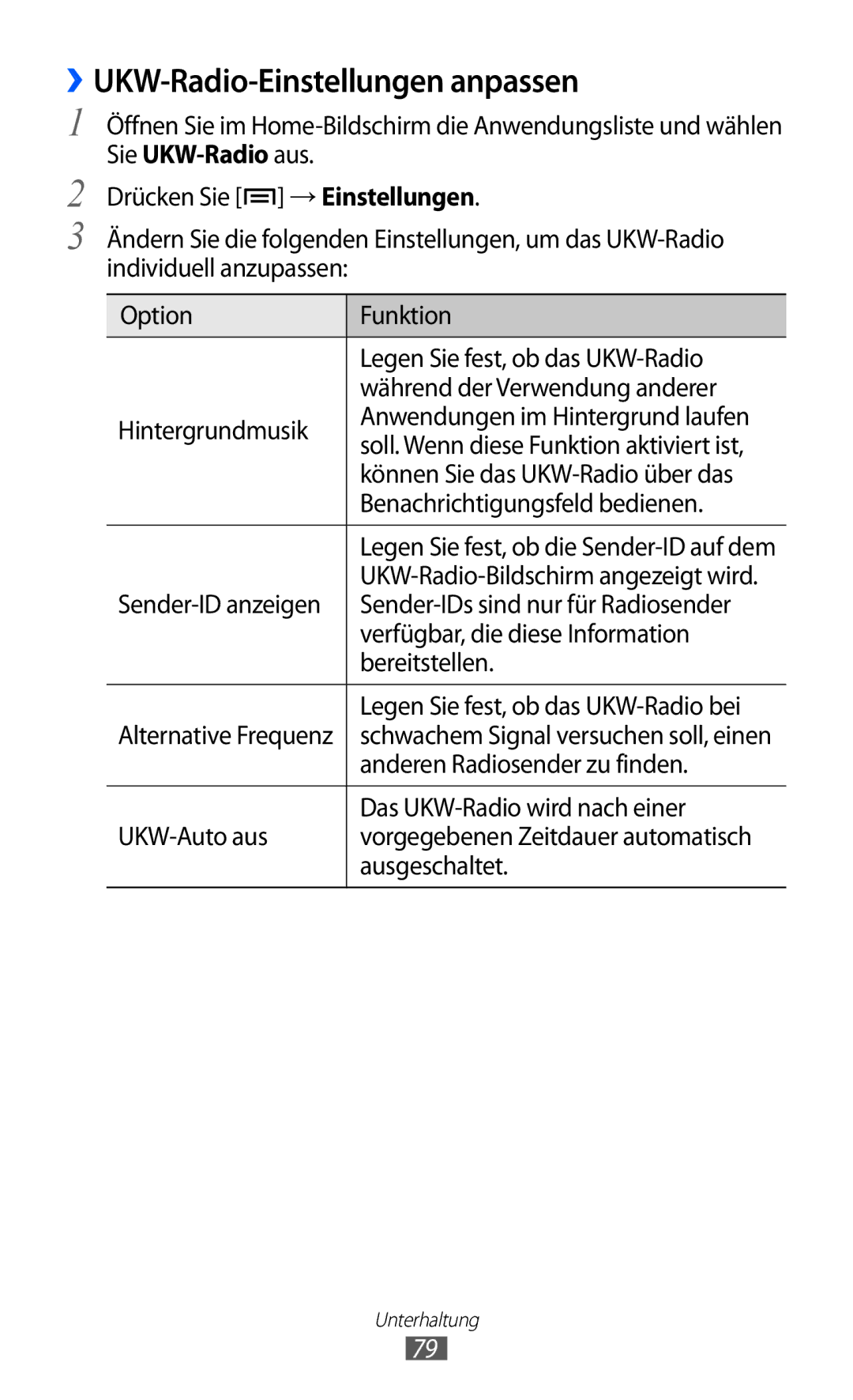 Samsung GT-I9070HKNTUR, GT-I9070HKNATO, GT-I9070HKNDBT, GT-I9070HKNDTM ››UKW-Radio-Einstellungen anpassen, Sie UKW-Radio aus 