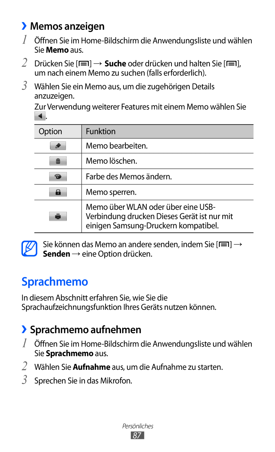 Samsung GT-I9070HKNDTM, GT-I9070HKNATO, GT-I9070HKNDBT, GT-I9070RWNDTM manual ››Memos anzeigen, ››Sprachmemo aufnehmen 