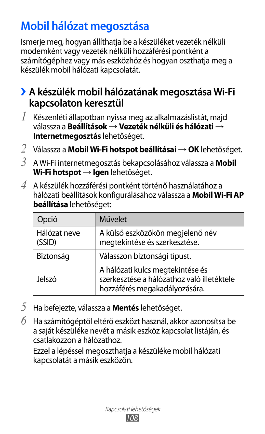 Samsung GT-I9070HKNATO manual Mobil hálózat megosztása, Megtekintése és szerkesztése, Hozzáférés megakadályozására, 108 