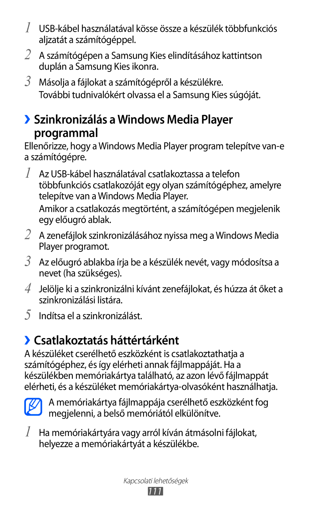 Samsung GT-I9070HKNXEZ manual ››Szinkronizálás a Windows Media Player programmal, ››Csatlakoztatás háttértárként, 111 