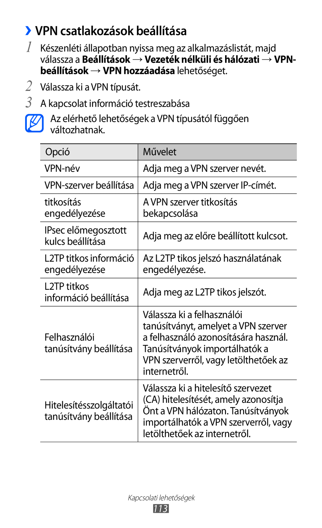 Samsung GT-I9070HKNTMH, GT-I9070HKNATO, GT-I9070RWNDTM, GT-I9070HKNTMZ, GT-I9070HKNXEZ ››VPN csatlakozások beállítása, 113 