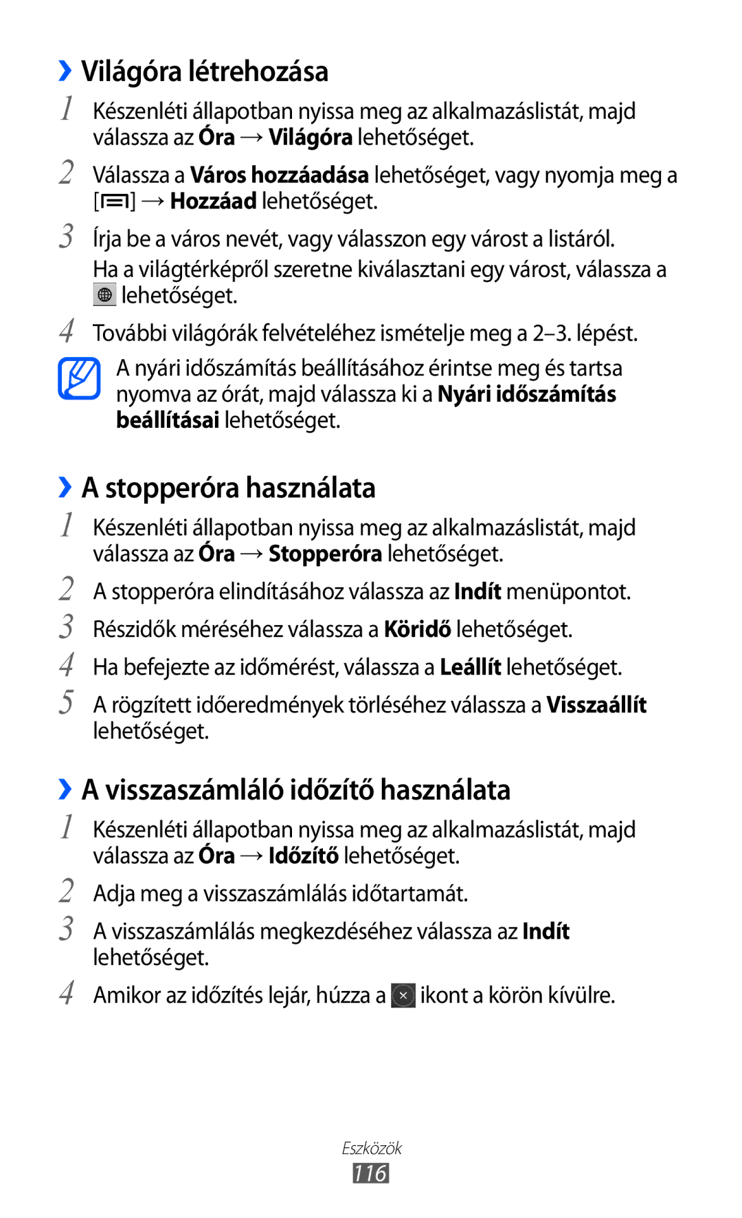 Samsung GT2I9070HKNVDH manual ››Világóra létrehozása, ››A stopperóra használata, ››A visszaszámláló időzítő használata, 116 