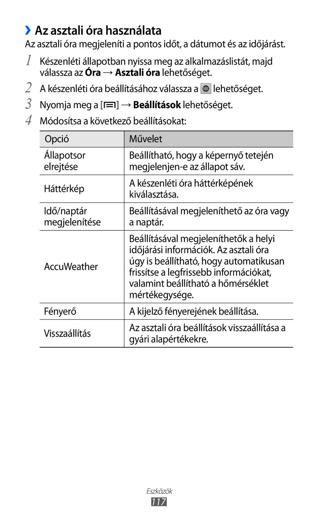 Samsung GT-I9070HKNVDH, GT-I9070HKNATO, GT-I9070RWNDTM, GT-I9070HKNTMZ, GT-I9070HKNXEZ manual ››Az asztali óra használata, 117 