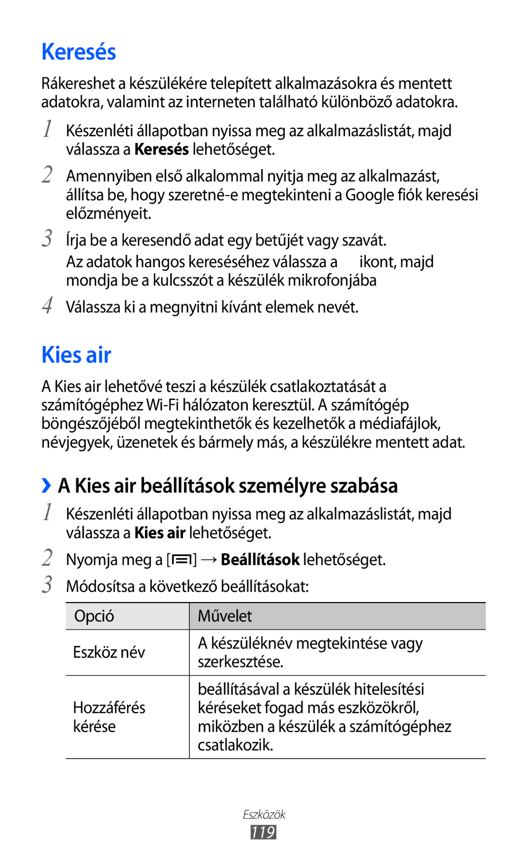 Samsung GT-I9070HKNMOB, GT-I9070HKNATO, GT-I9070RWNDTM manual Keresés, ››A Kies air beállítások személyre szabása, 119 