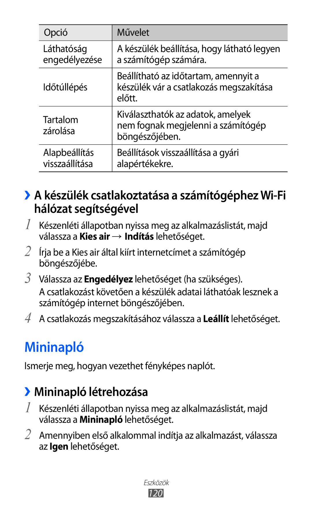 Samsung GT-I9070HKNATO, GT-I9070RWNDTM, GT-I9070HKNTMZ, GT-I9070HKNXEZ, GT-I9070HKNTPL manual ››Mininapló létrehozása, 120 