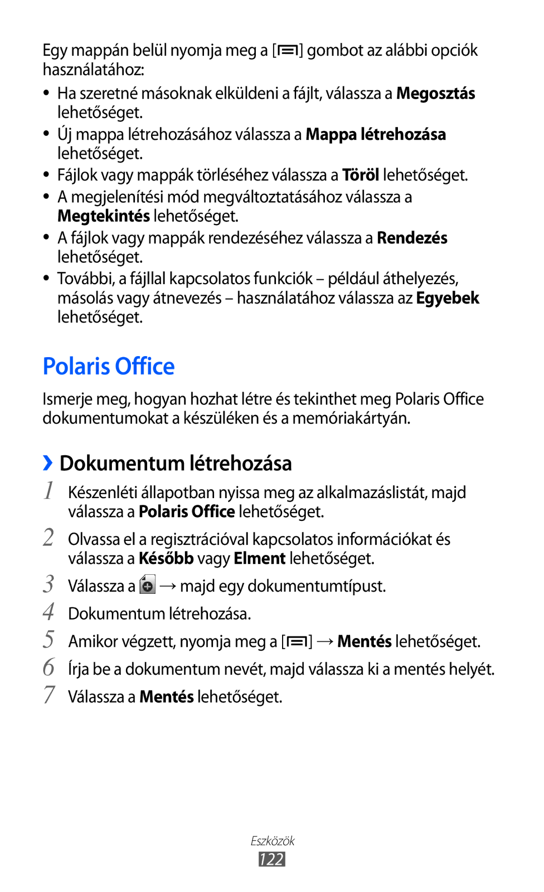 Samsung GT-I9070HKNTMZ, GT-I9070HKNATO, GT-I9070RWNDTM, GT-I9070HKNXEZ manual Polaris Office, ››Dokumentum létrehozása, 122 