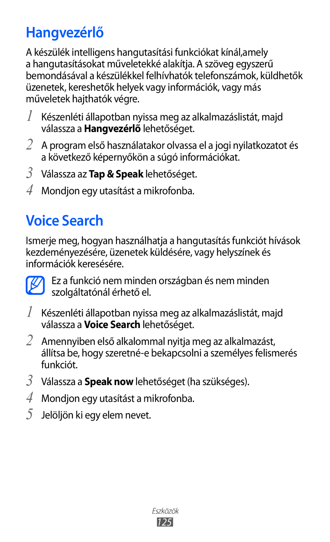 Samsung GT-I9070HKNTMH, GT-I9070HKNATO, GT-I9070RWNDTM manual Hangvezérlő, Voice Search, Jelöljön ki egy elem nevet, 125 