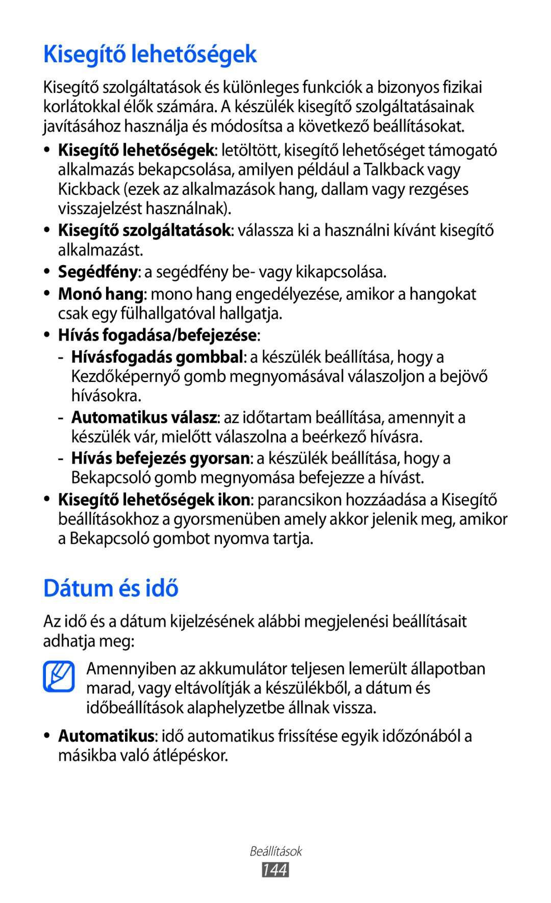 Samsung GT-I9070HKNATO, GT-I9070RWNDTM, GT-I9070HKNTMZ, GT-I9070HKNXEZ manual Kisegítő lehetőségek, Dátum és idő, 144 