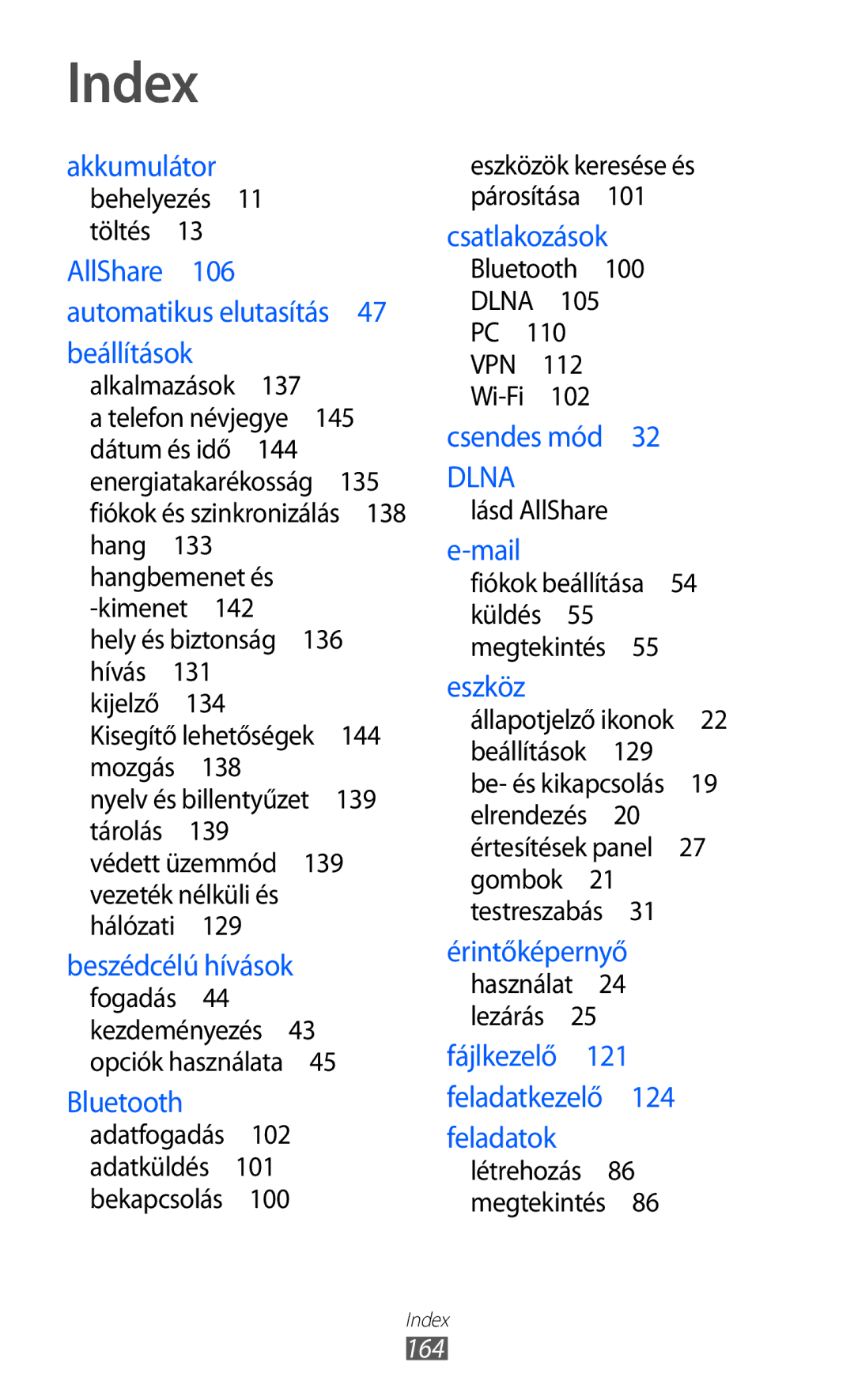 Samsung GT2I9070HKNVDH, GT-I9070HKNATO, GT-I9070RWNDTM, GT-I9070HKNTMZ, GT-I9070HKNXEZ, GT-I9070HKNTPL manual Index, 164 