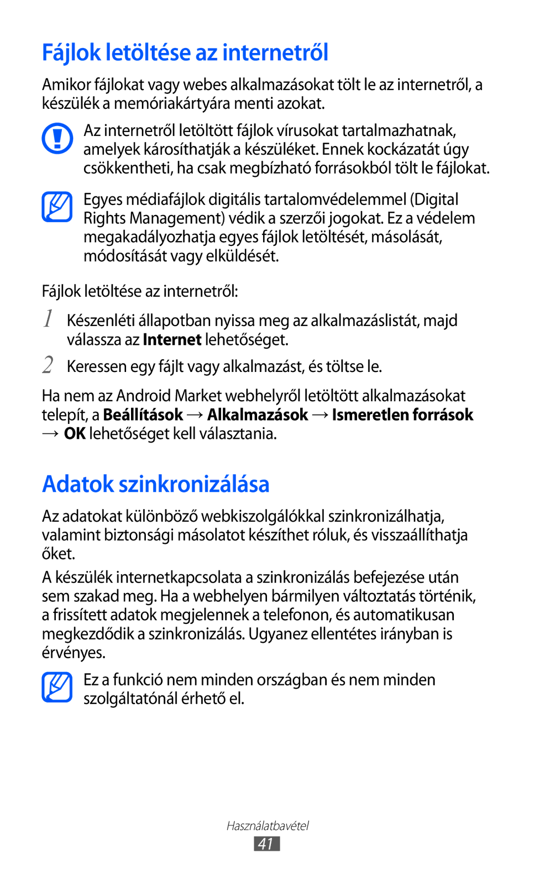 Samsung GT-I9070HKNTMH manual Fájlok letöltése az internetről, Adatok szinkronizálása, → OK lehetőséget kell választania 