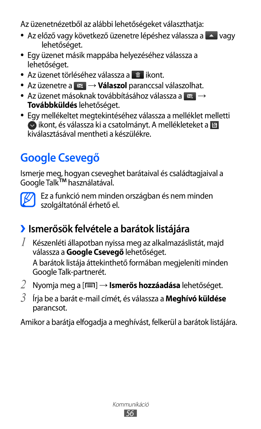 Samsung GT2I9070HKNVDH, GT-I9070HKNATO manual Google Csevegő, ››Ismerősök felvétele a barátok listájára, Ikont Az üzenetre a 