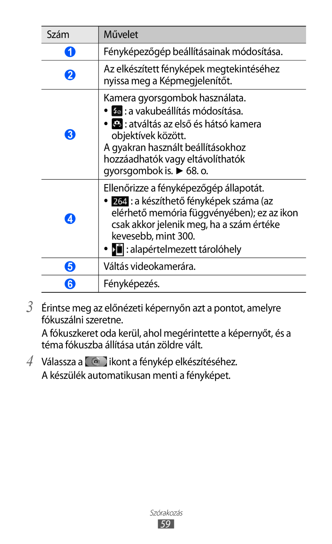 Samsung GT-I9070HKNMOB manual Szám Művelet Fényképezőgép beállításainak módosítása, Ellenőrizze a fényképezőgép állapotát 