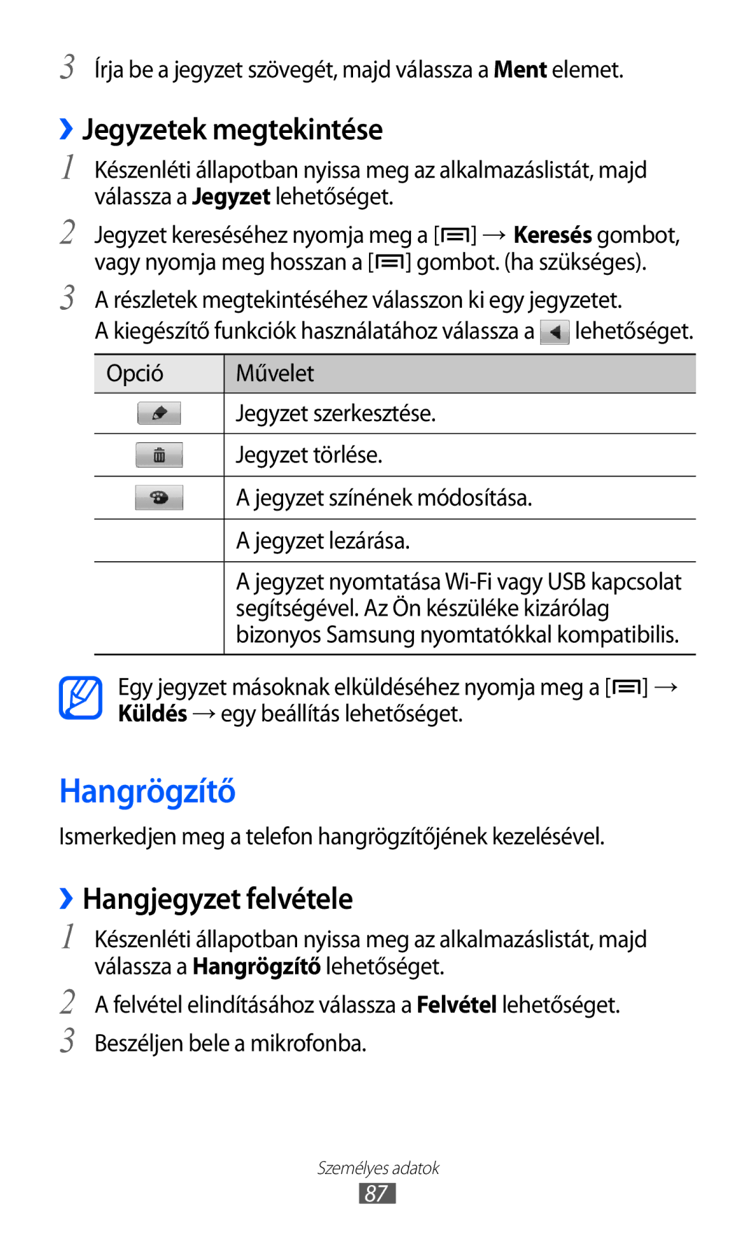 Samsung GT-I9070HKNXEZ, GT-I9070HKNATO, GT-I9070RWNDTM manual Hangrögzítő, ››Jegyzetek megtekintése, ››Hangjegyzet felvétele 