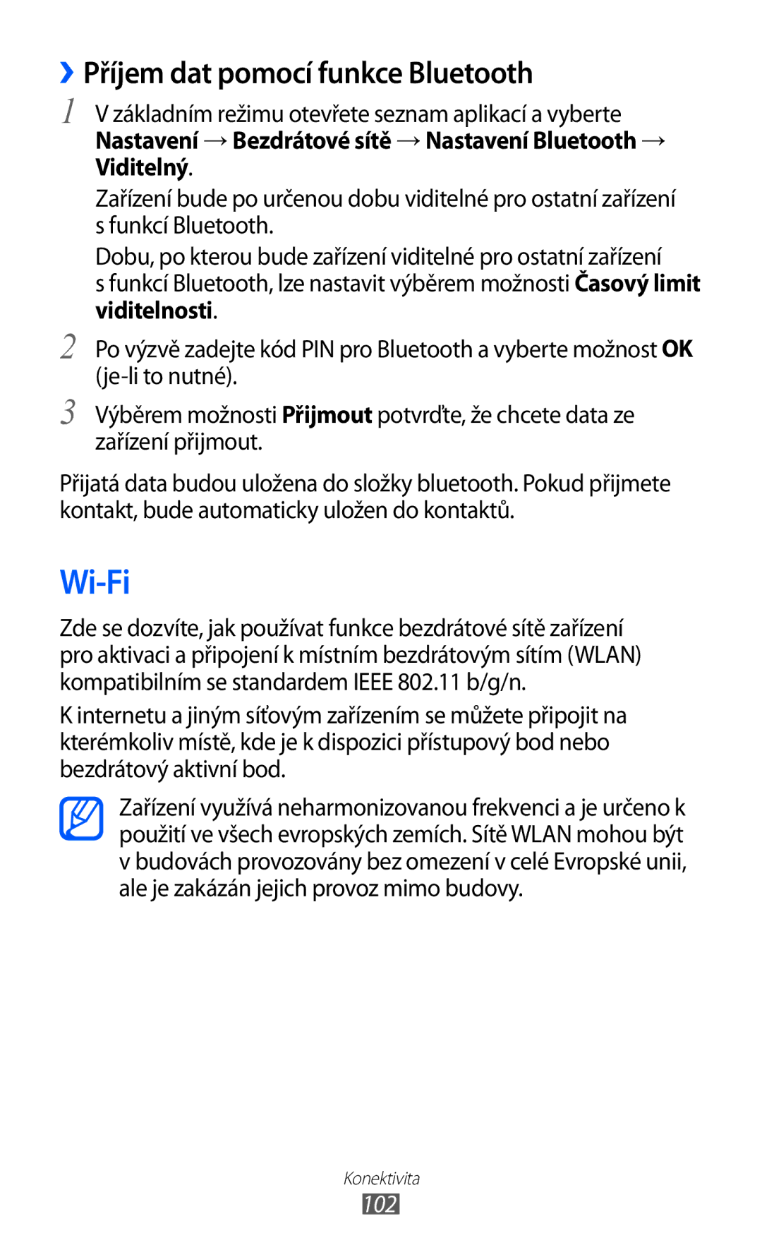 Samsung GT2I9070HKWTMZ, GT-I9070HKNATO, GT-I9070RWVTMZ, GT-I9070HKWTMZ manual Wi-Fi, ››Příjem dat pomocí funkce Bluetooth, 102 