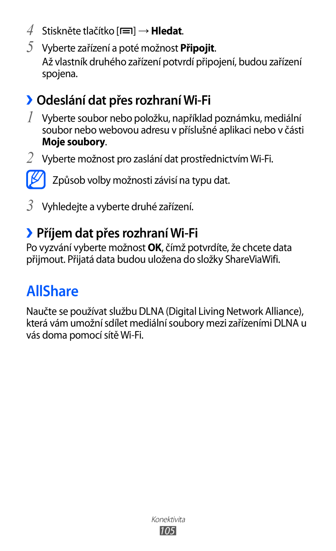 Samsung GT-I9070RWKTMZ, GT-I9070HKNATO AllShare, ››Odeslání dat přes rozhraní Wi-Fi, ››Příjem dat přes rozhraní Wi-Fi, 105 