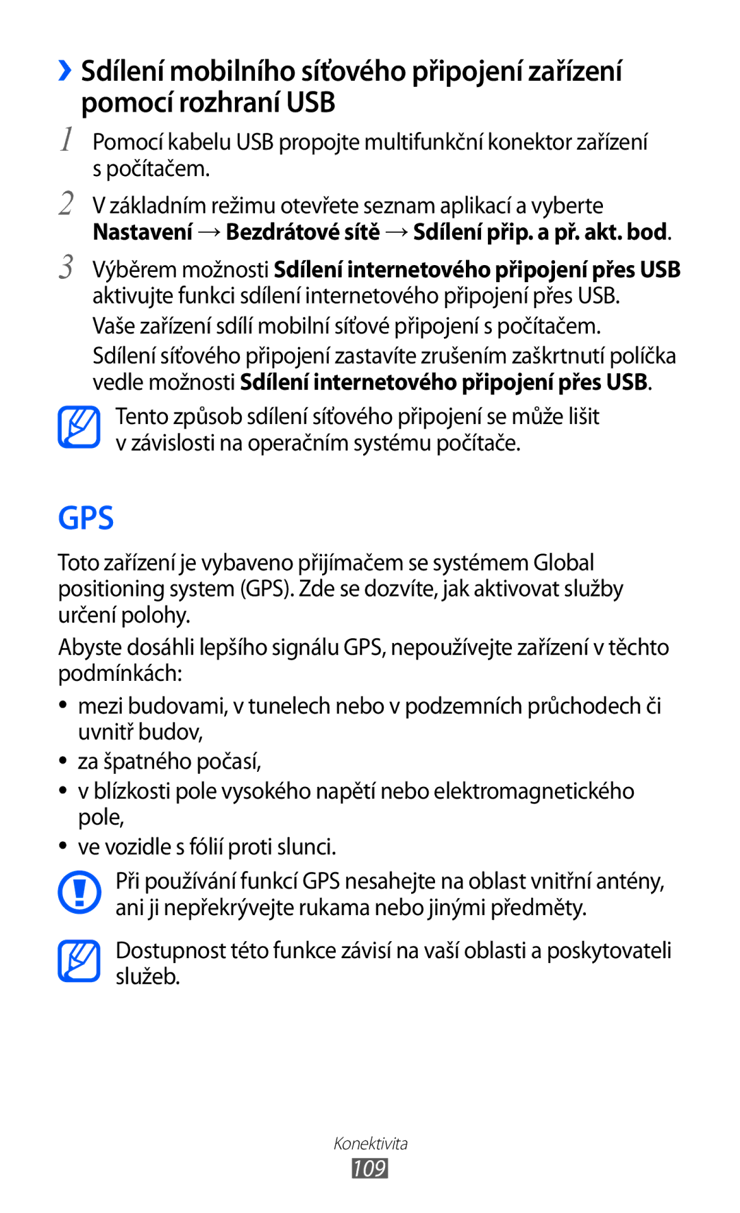 Samsung GT-I9070HKVTMZ, GT-I9070HKNATO, GT-I9070RWVTMZ manual Vaše zařízení sdílí mobilní síťové připojení s počítačem, 109 