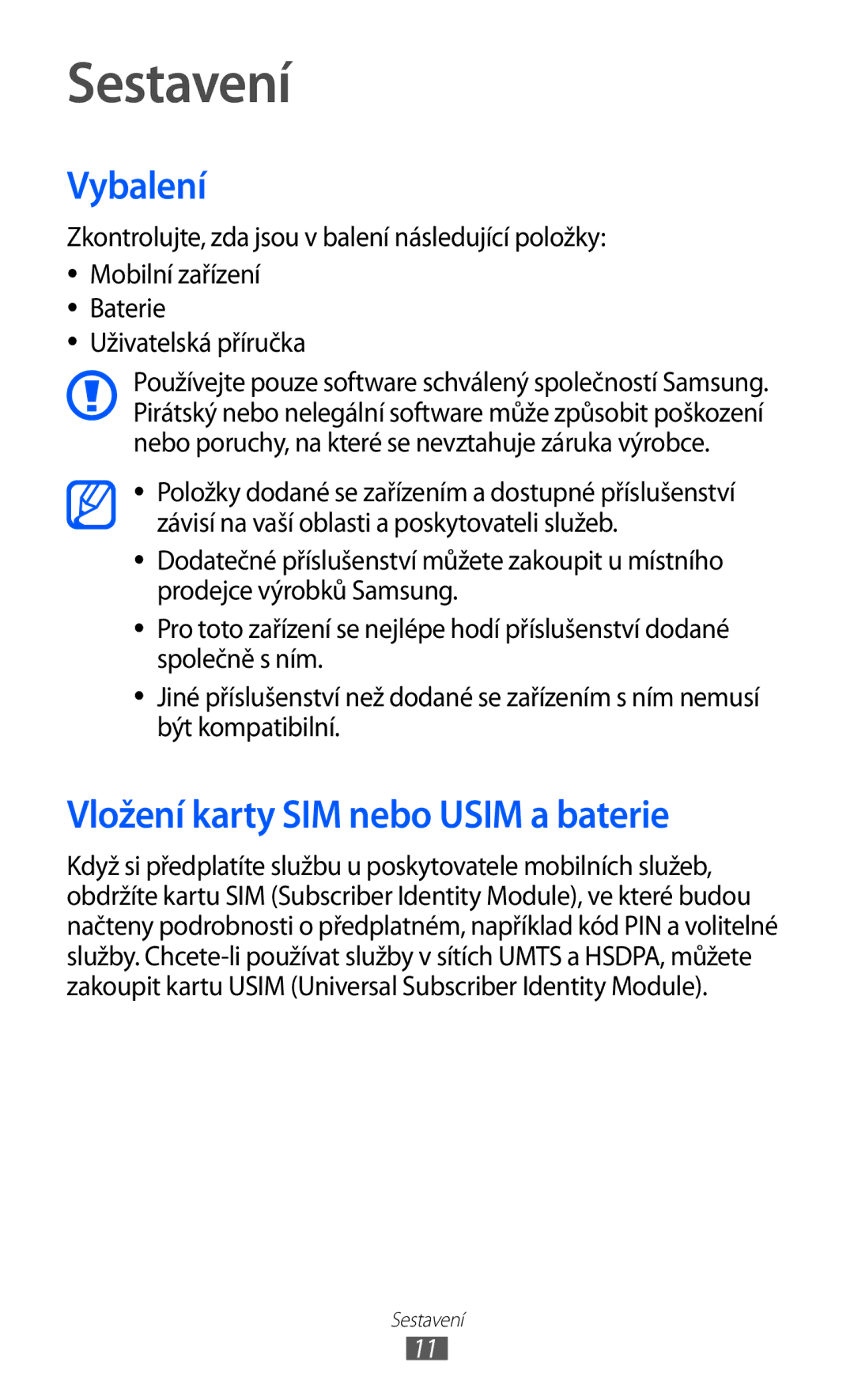 Samsung GT-I9070HKVTMZ, GT-I9070HKNATO, GT-I9070RWVTMZ manual Sestavení, Vybalení, Vložení karty SIM nebo Usim a baterie 