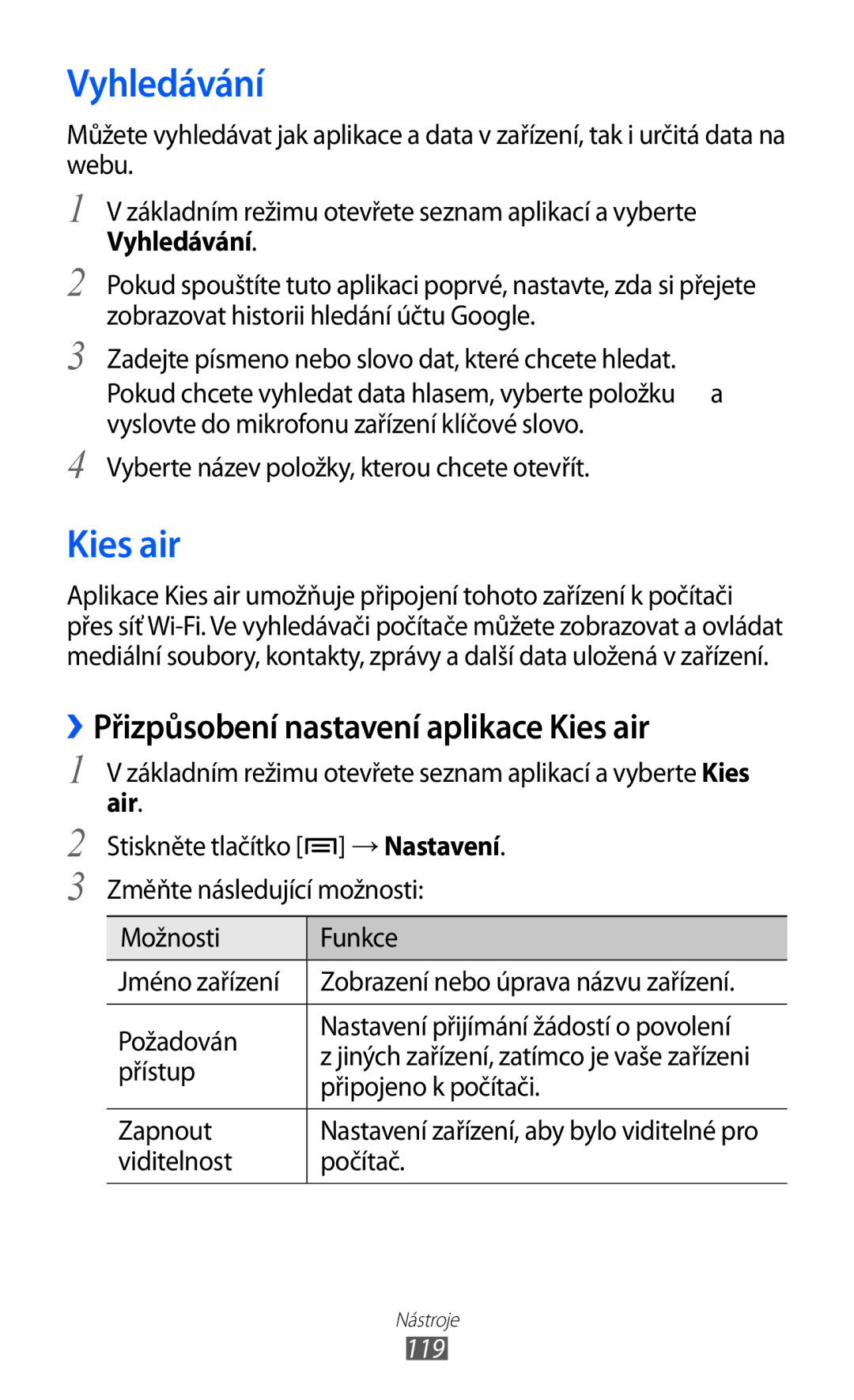 Samsung GT-I9070RWKTMZ, GT-I9070HKNATO manual Vyhledávání, ››Přizpůsobení nastavení aplikace Kies air, Air, 119 