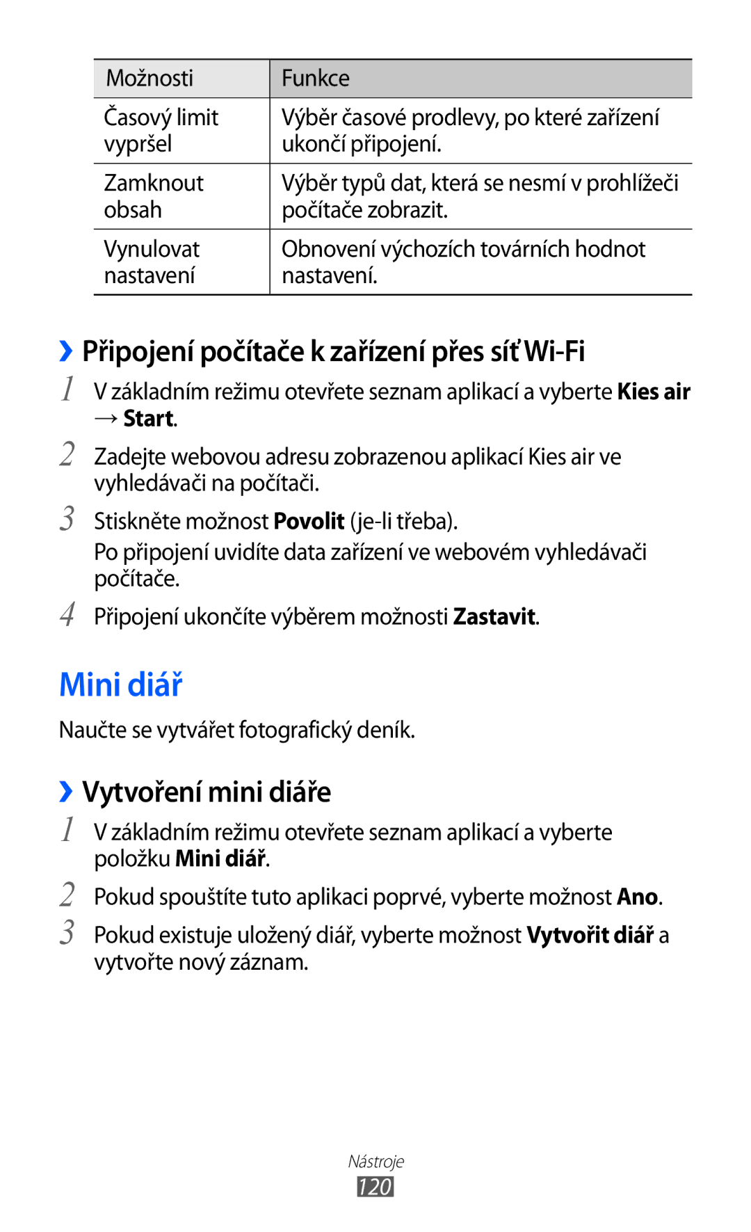 Samsung GT-I9070HKNTPL manual Mini diář, ››Připojení počítače k zařízení přes síť Wi-Fi, ››Vytvoření mini diáře, 120 