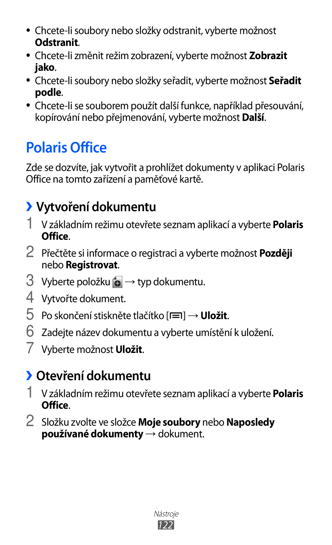 Samsung GT2I9070HKNXEZ, GT-I9070HKNATO, GT-I9070RWVTMZ Polaris Office, ››Vytvoření dokumentu, ››Otevření dokumentu, 122 