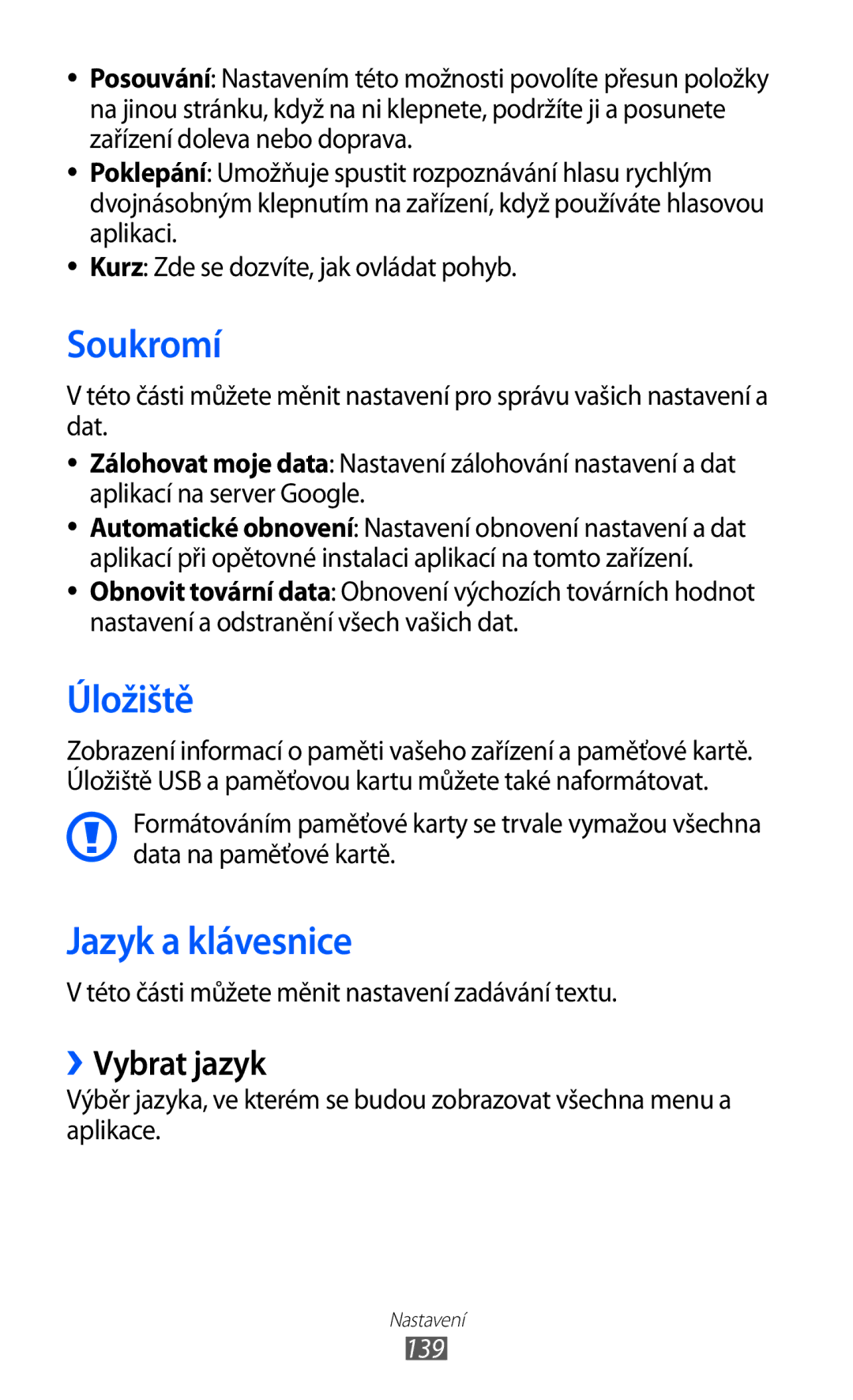 Samsung GT-I9070RWNTMZ, GT-I9070HKNATO, GT-I9070RWVTMZ manual Soukromí, Úložiště, Jazyk a klávesnice, ››Vybrat jazyk, 139 