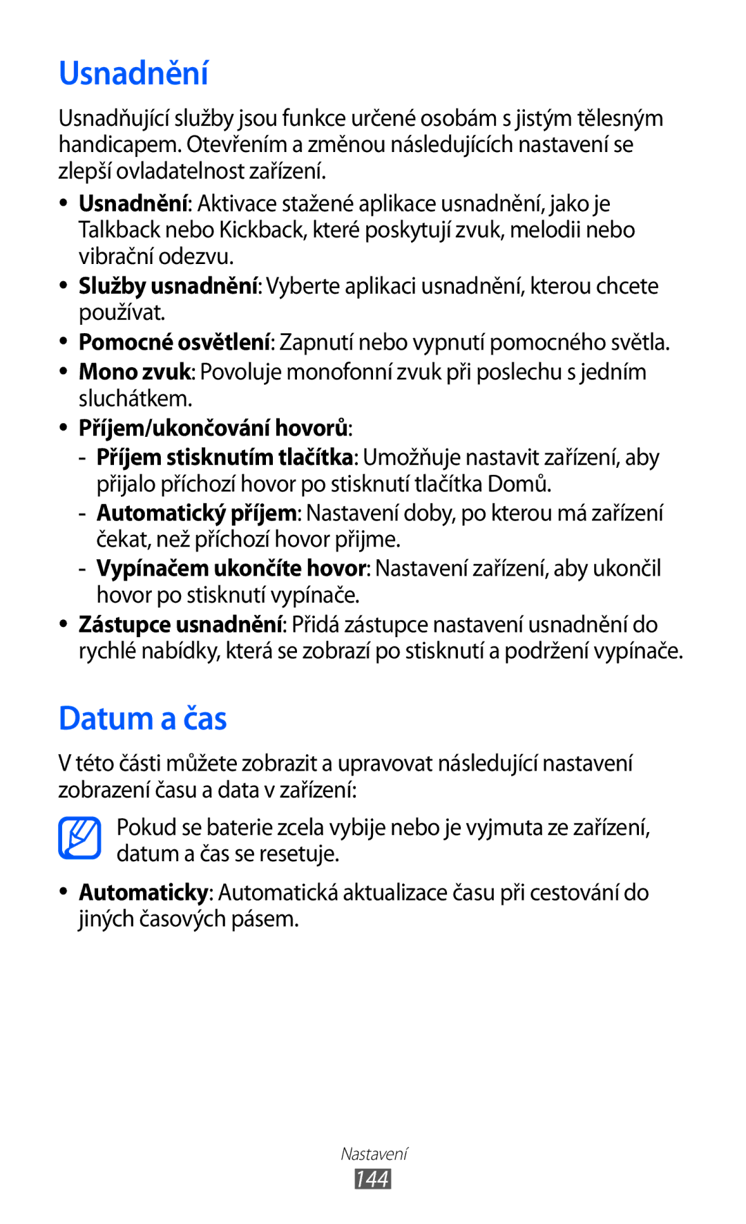 Samsung GT2I9070HKWTMZ, GT-I9070HKNATO, GT-I9070RWVTMZ, GT-I9070HKWTMZ, GT-I9070HKNTMZ manual Usnadnění, Datum a čas, 144 