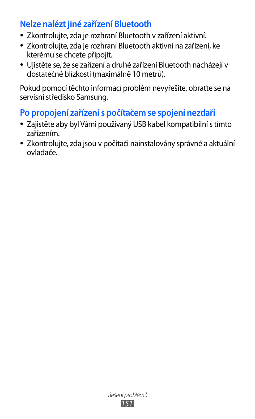 Samsung GT-I9070HKVTMZ, GT-I9070HKNATO, GT-I9070RWVTMZ, GT-I9070HKWTMZ manual Nelze nalézt jiné zařízení Bluetooth, 151 