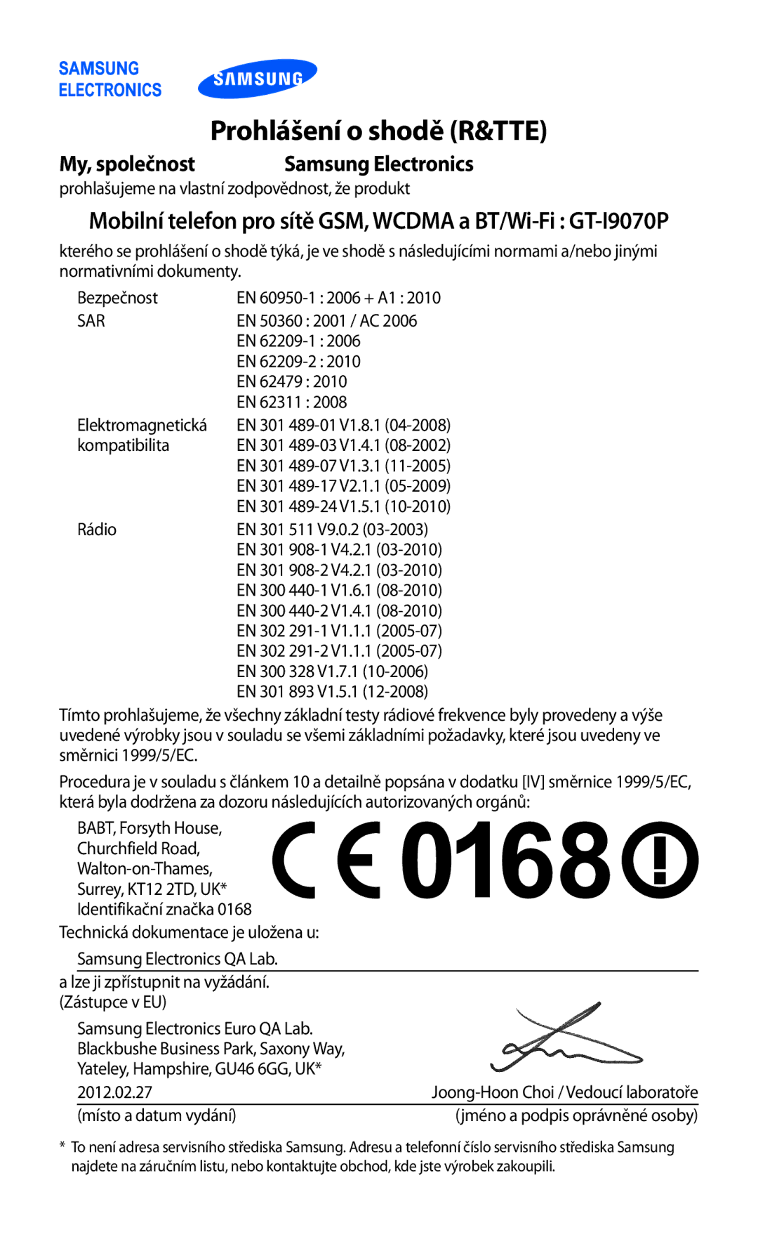 Samsung GT-I9070HKNATO, GT-I9070RWVTMZ, GT-I9070HKWTMZ, GT-I9070HKNTMZ, GT2I9070HKWTMZ manual Prohlášení o shodě R&TTE 