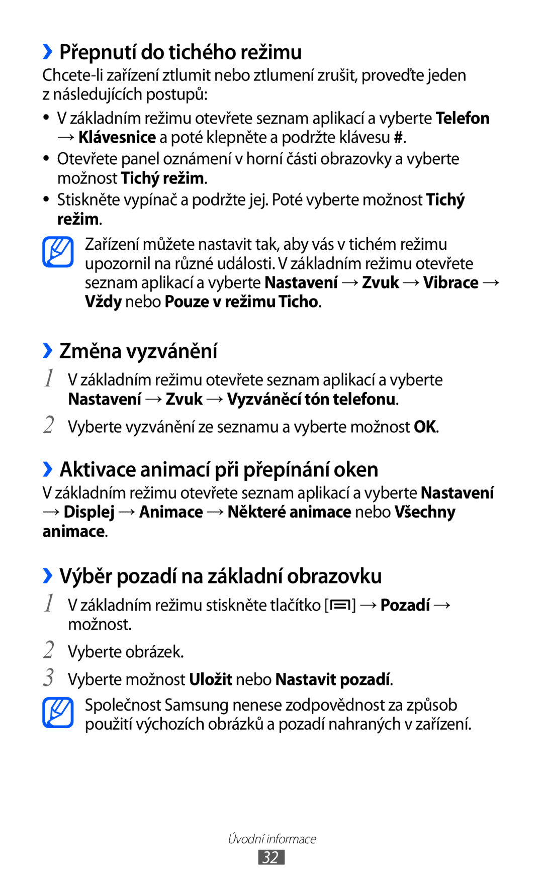 Samsung GT2I9070HKWTMZ manual ››Přepnutí do tichého režimu, ››Změna vyzvánění, ››Aktivace animací při přepínání oken 