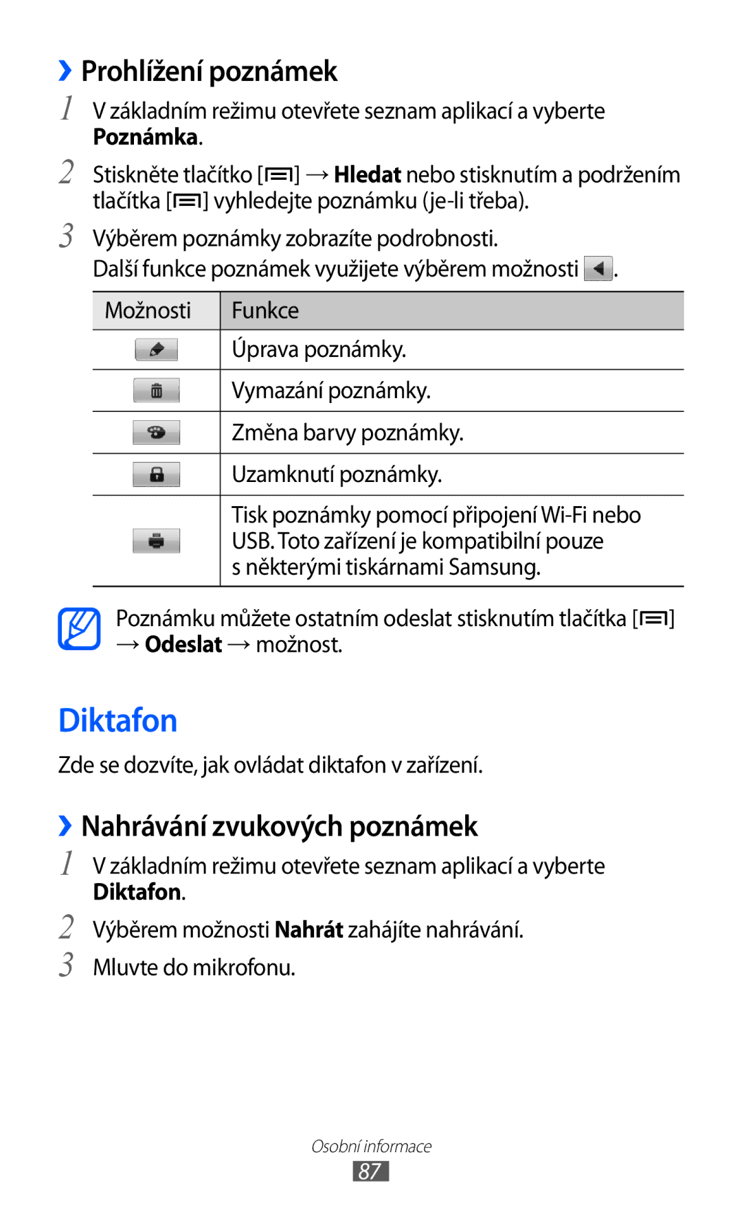 Samsung GT-I9070HKNTMZ, GT-I9070HKNATO, GT-I9070RWVTMZ manual Diktafon, ››Prohlížení poznámek, ››Nahrávání zvukových poznámek 