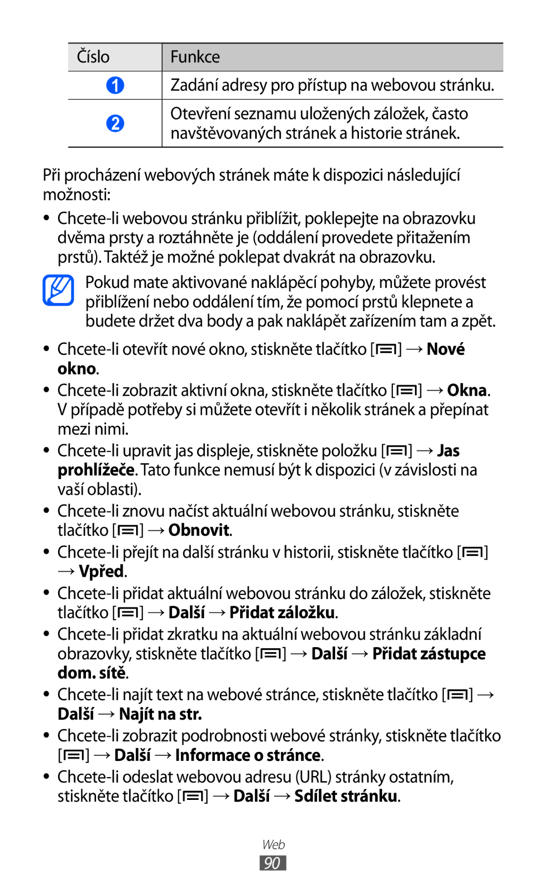 Samsung GT-I9070HKNXEZ, GT-I9070HKNATO, GT-I9070RWVTMZ Okno, → Vpřed, Další → Najít na str, → Další → Informace o stránce 