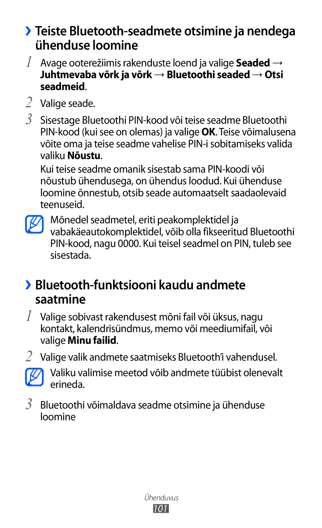 Samsung GT-I9070HKNSEB manual ››Bluetooth-funktsiooni kaudu andmete saatmine, 101 