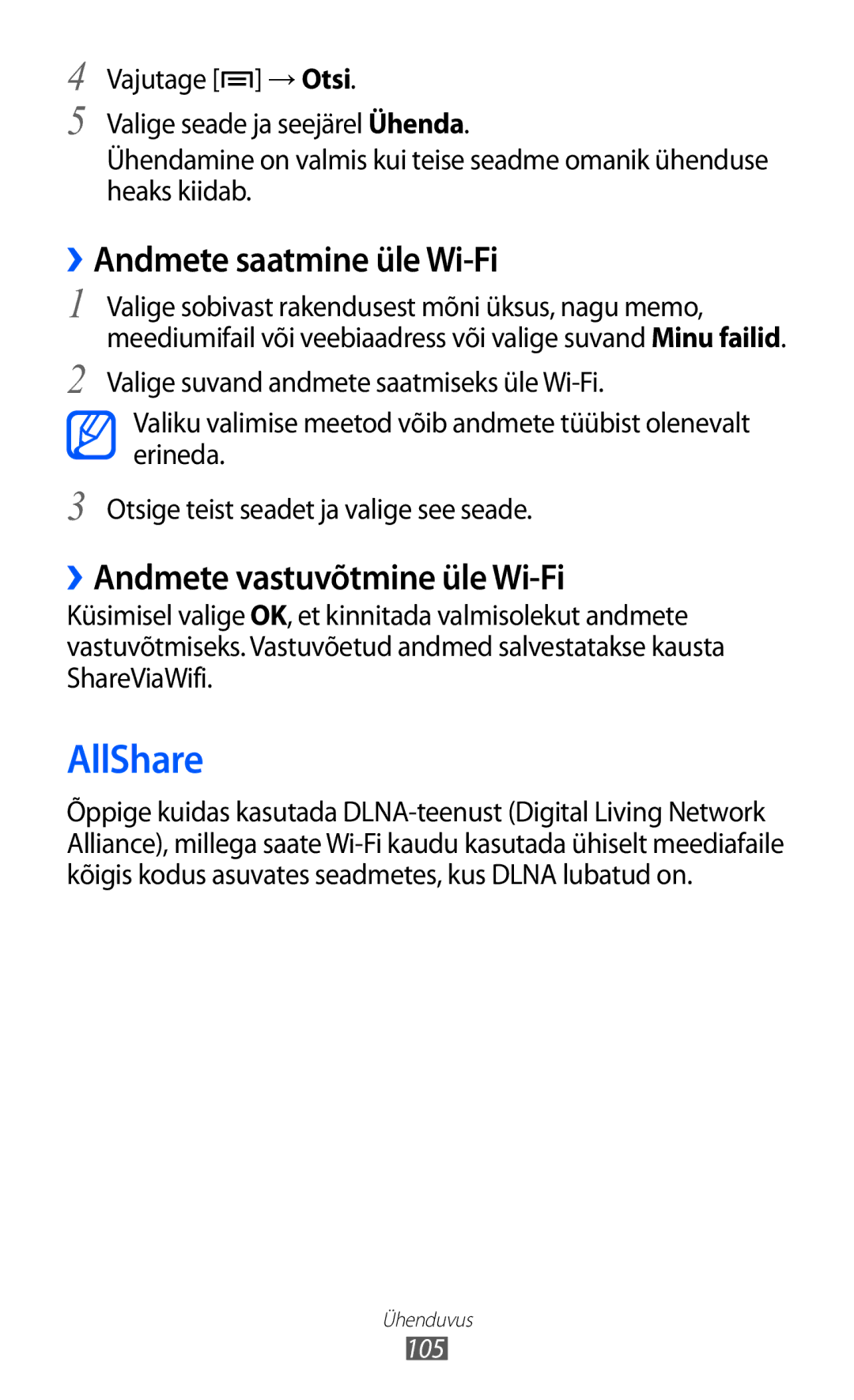 Samsung GT-I9070HKNSEB manual AllShare, ››Andmete saatmine üle Wi-Fi, ››Andmete vastuvõtmine üle Wi-Fi, 105 