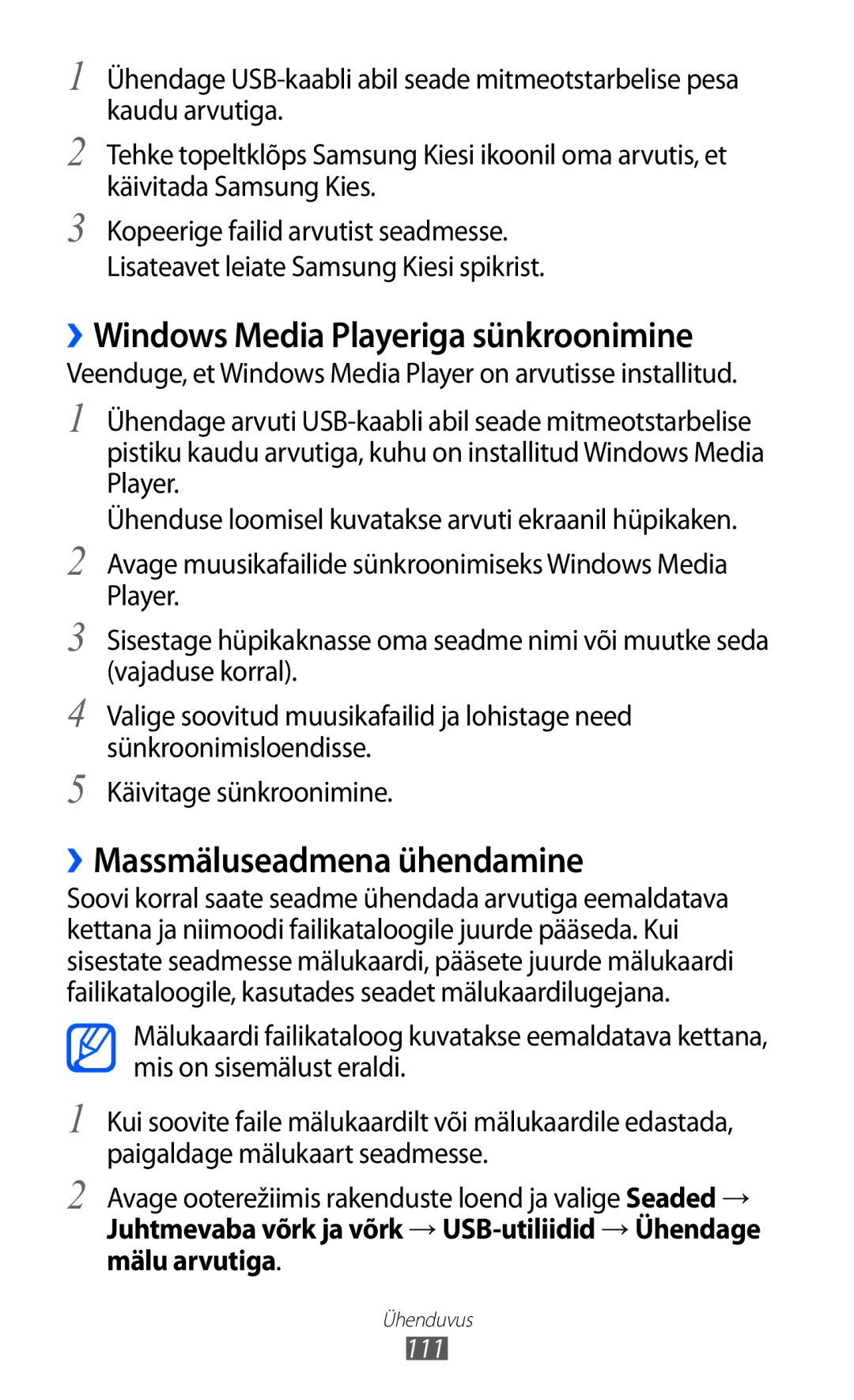 Samsung GT-I9070HKNSEB manual ››Windows Media Playeriga sünkroonimine, ››Massmäluseadmena ühendamine, 111 