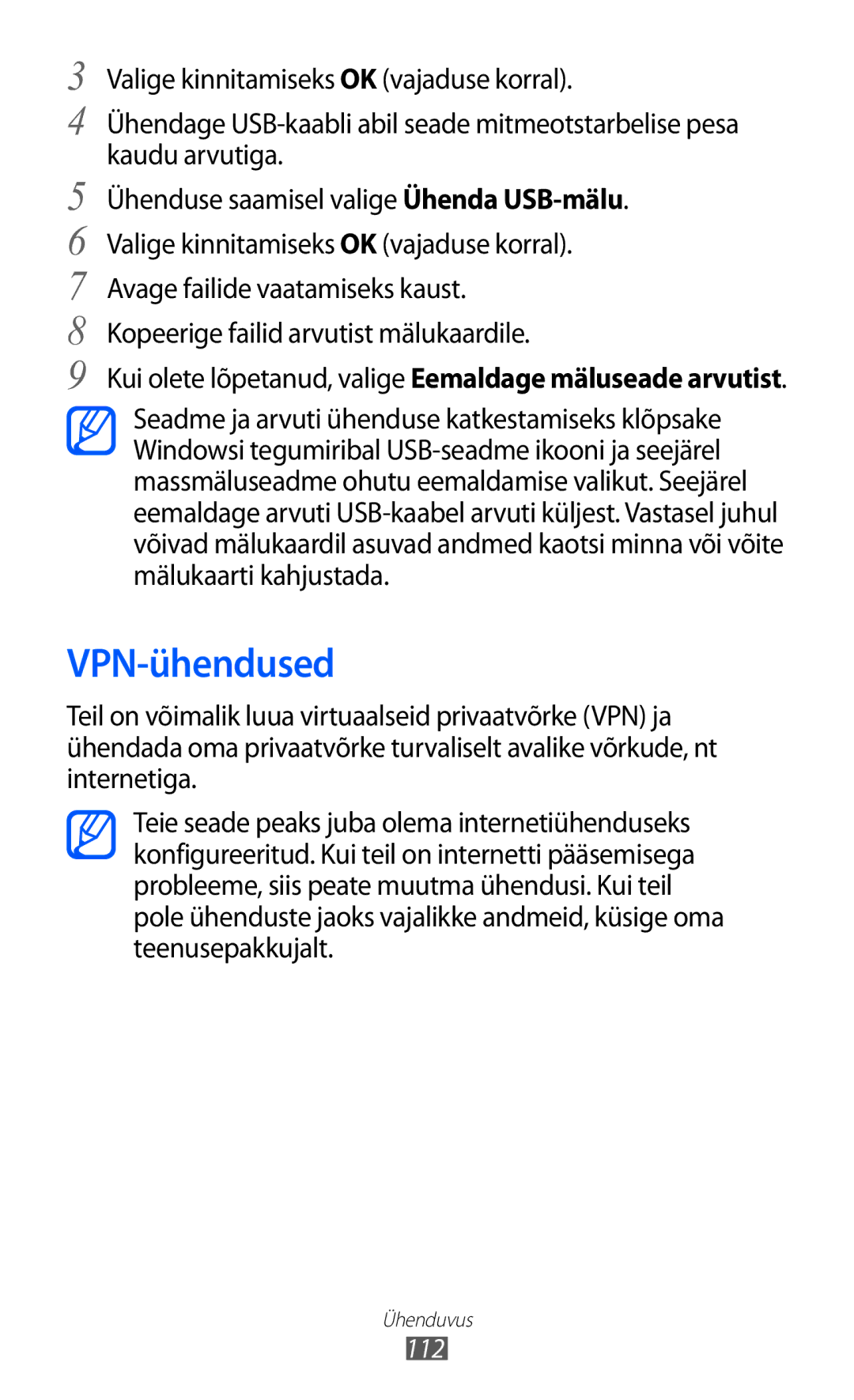 Samsung GT-I9070HKNSEB manual VPN-ühendused, Kopeerige failid arvutist mälukaardile, 112 