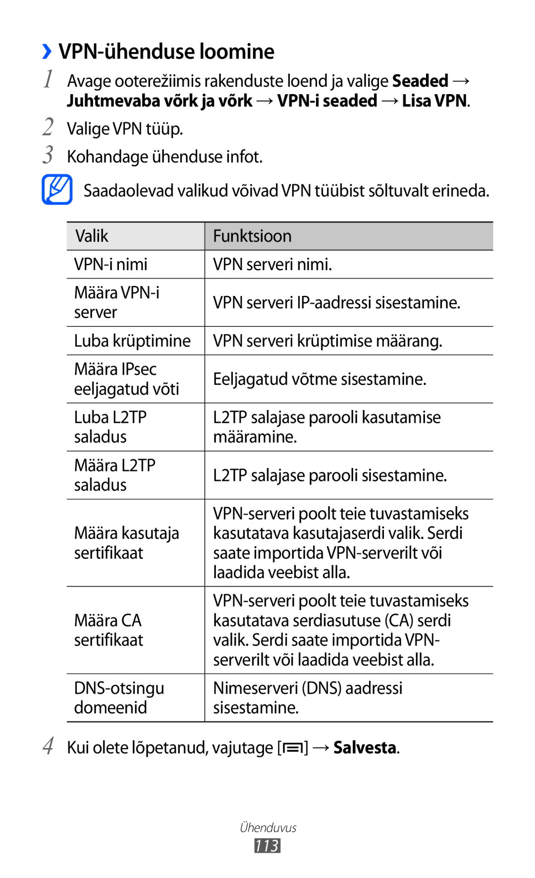 Samsung GT-I9070HKNSEB manual ››VPN-ühenduse loomine, Juhtmevaba võrk ja võrk → VPN-i seaded → Lisa VPN 