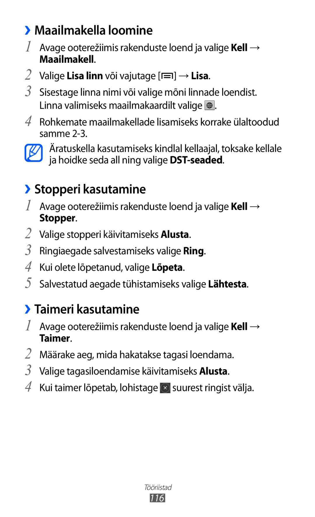 Samsung GT-I9070HKNSEB manual ››Maailmakella loomine, ››Stopperi kasutamine, ››Taimeri kasutamine 