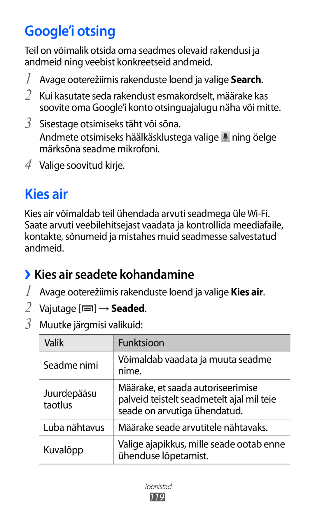 Samsung GT-I9070HKNSEB manual Google’i otsing, ››Kies air seadete kohandamine 