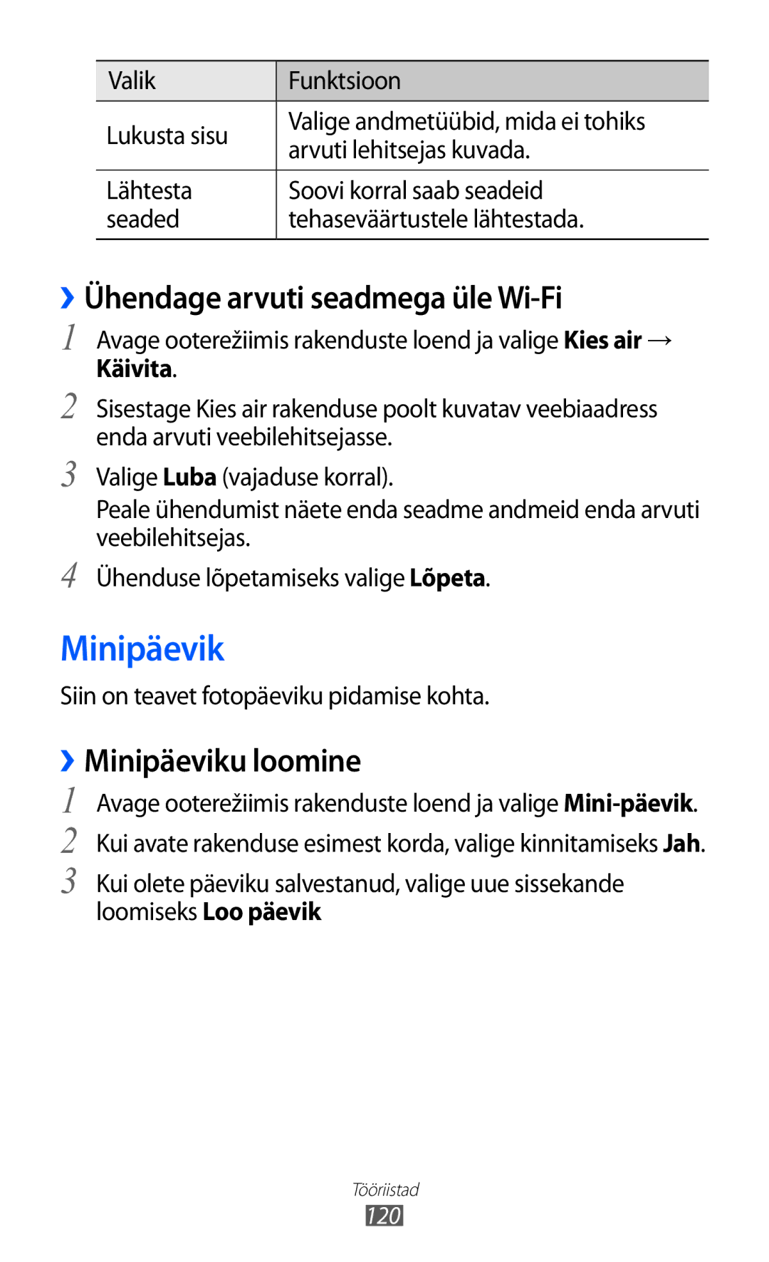 Samsung GT-I9070HKNSEB manual ››Ühendage arvuti seadmega üle Wi-Fi, ››Minipäeviku loomine, 120 