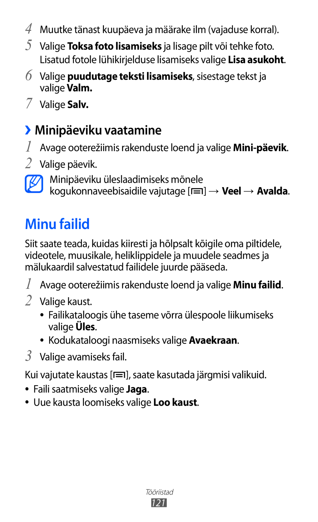 Samsung GT-I9070HKNSEB Minu failid, ››Minipäeviku vaatamine, Muutke tänast kuupäeva ja määrake ilm vajaduse korral, 121 