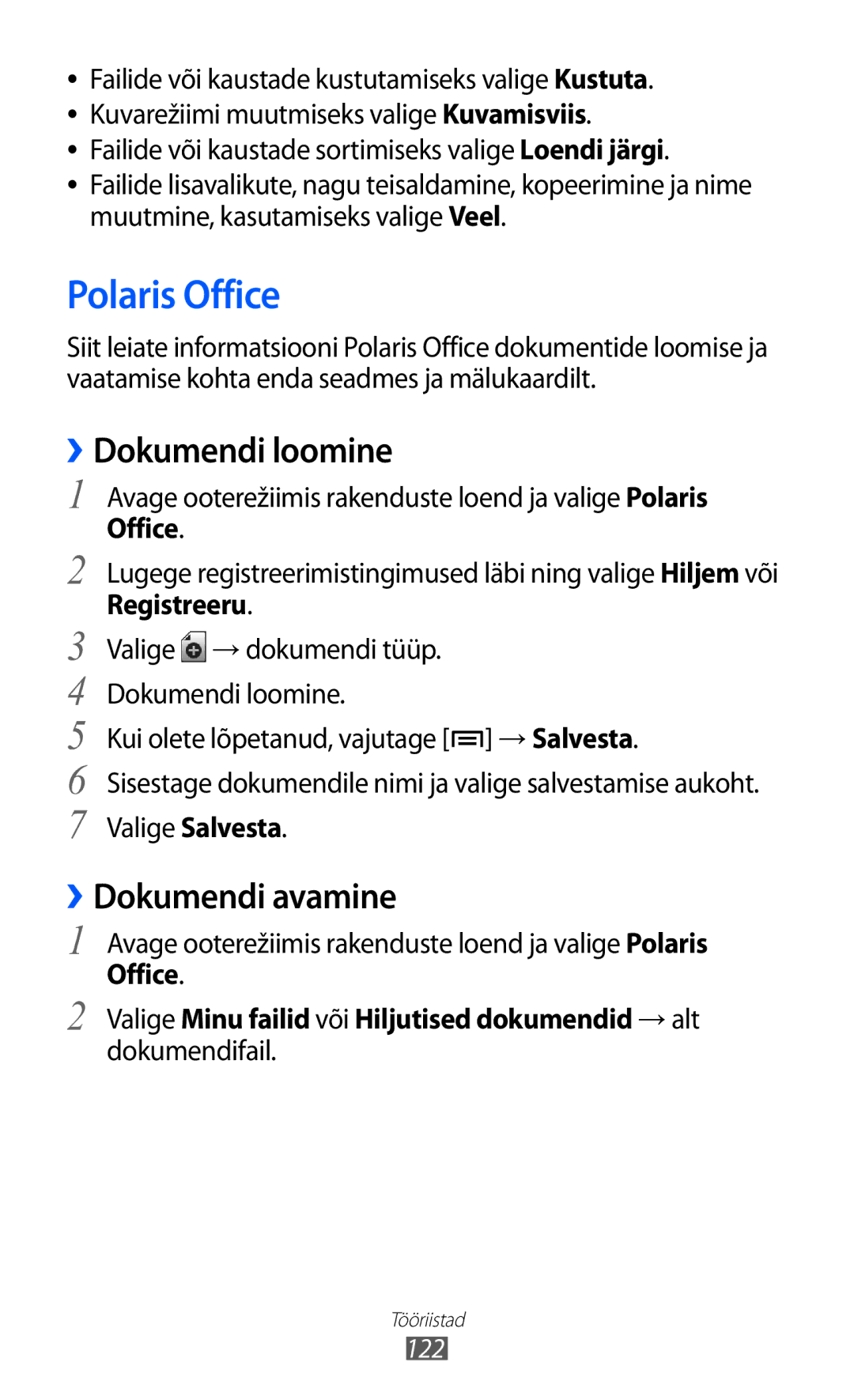 Samsung GT-I9070HKNSEB manual Polaris Office, ››Dokumendi loomine, ››Dokumendi avamine, Registreeru 