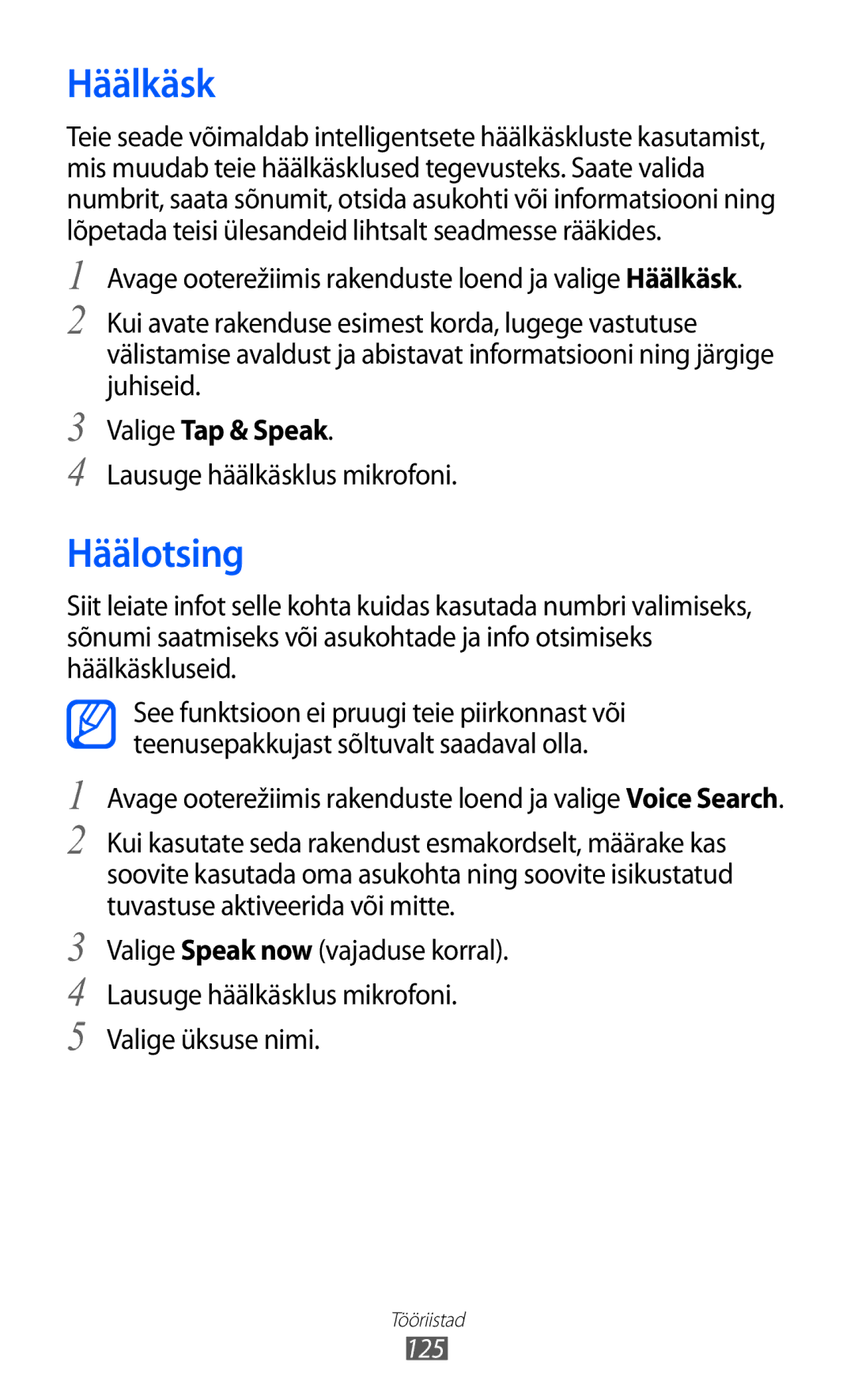 Samsung GT-I9070HKNSEB manual Häälkäsk, Häälotsing, Valige Tap & Speak, Lausuge häälkäsklus mikrofoni, 125 