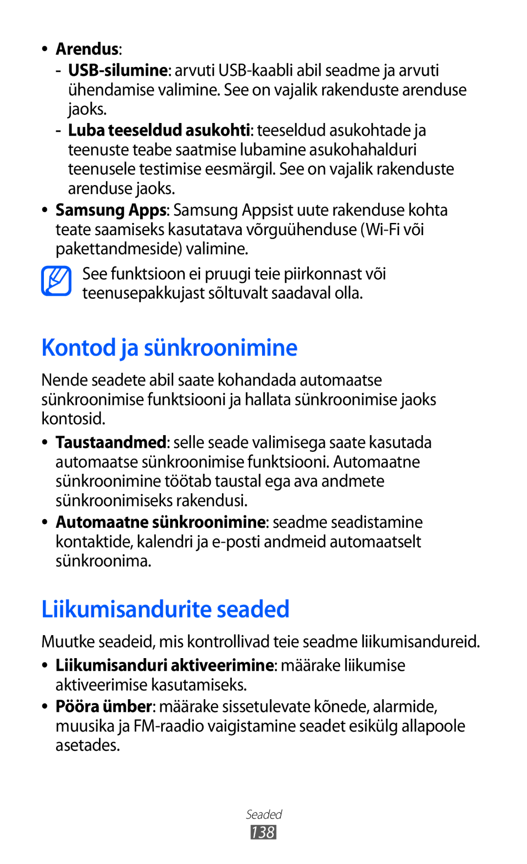 Samsung GT-I9070HKNSEB manual Kontod ja sünkroonimine, Liikumisandurite seaded, Arendus, 138 