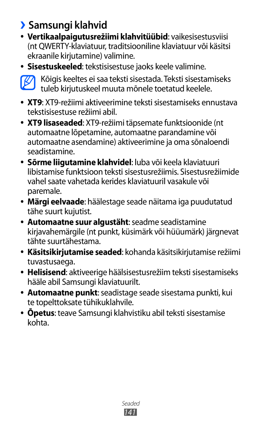 Samsung GT-I9070HKNSEB manual ››Samsungi klahvid, Sisestuskeeled tekstisisestuse jaoks keele valimine, 141 