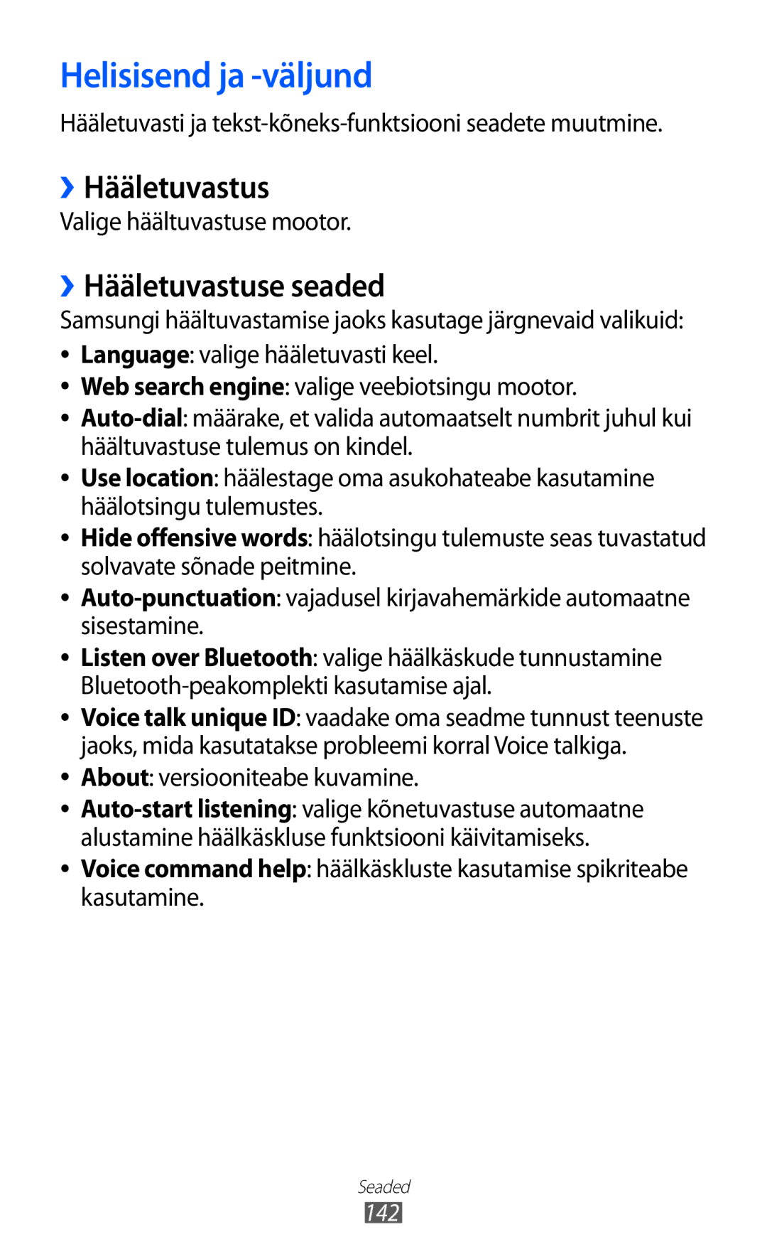 Samsung GT-I9070HKNSEB manual Helisisend ja -väljund, ››Hääletuvastuse seaded 