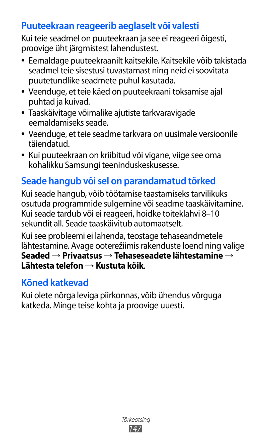 Samsung GT-I9070HKNSEB manual Puuteekraan reageerib aeglaselt või valesti, 147 