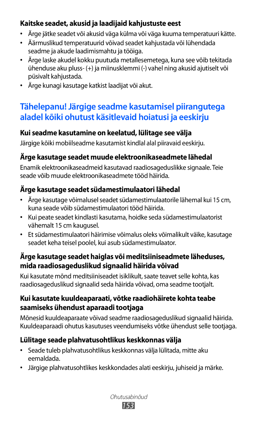 Samsung GT-I9070HKNSEB manual 153, Kaitske seadet, akusid ja laadijaid kahjustuste eest 