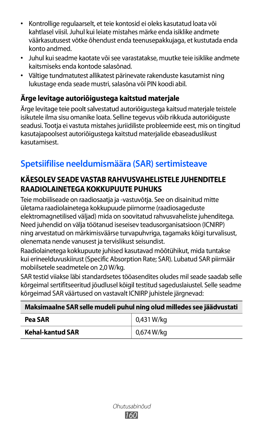 Samsung GT-I9070HKNSEB manual 160, Ärge levitage autoriõigustega kaitstud materjale 